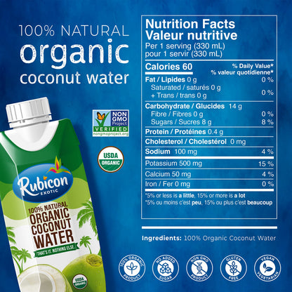 Rubicon Organic Coconut Water – 12 Pack of 330ML Cartons | Natural Electrolytes, Non-GMO, No Added Sugar | USDA Certified