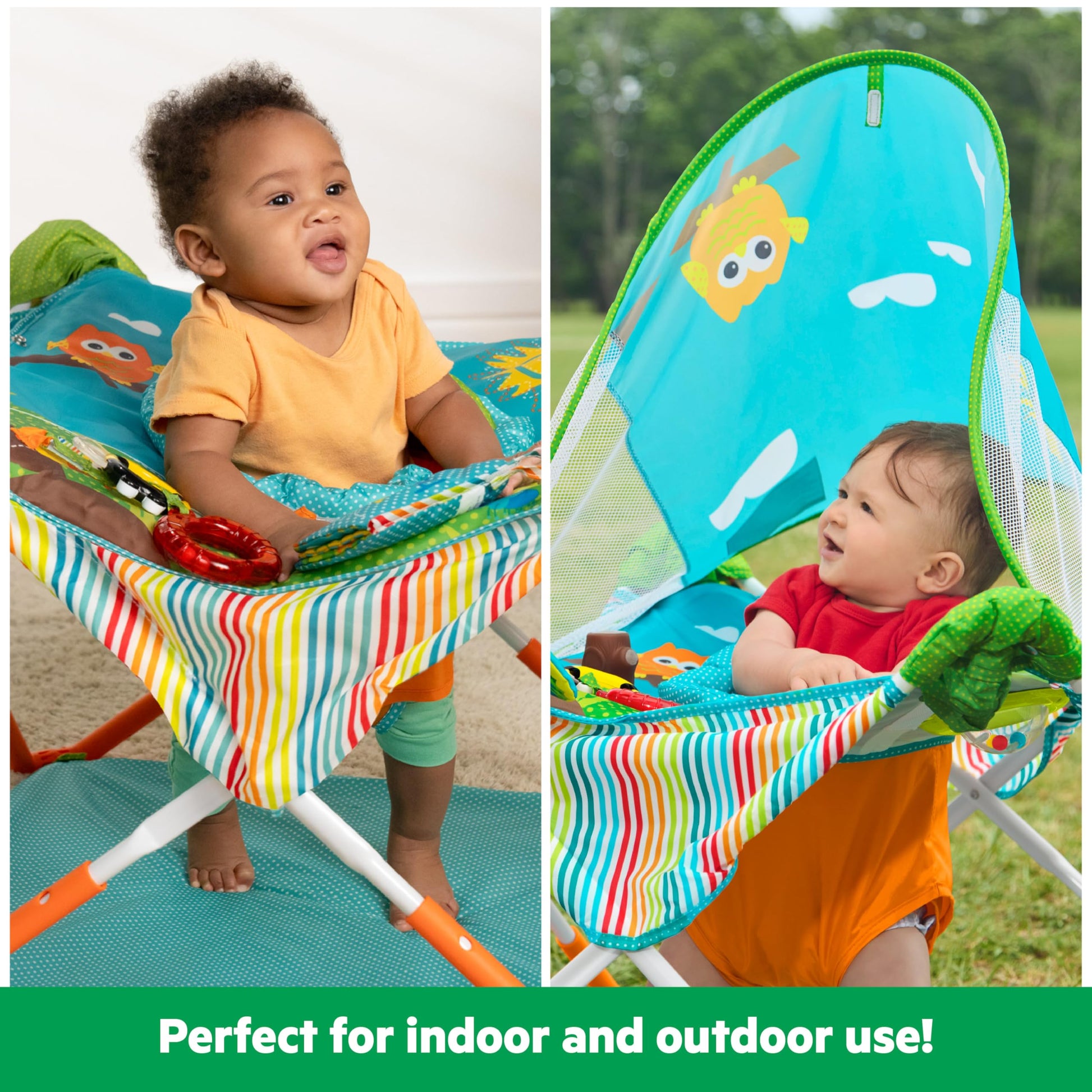 Bright Starts Pop 'N Jump Portable Activity Jumper, Indoor/Outdoor Use, Owl Forest with 4 Sensory Toys, Ages 6-12 Months Bright Starts