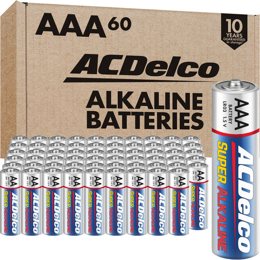 Piles AAA ACDelco, lot de 60, piles alcalines superpuissantes pour la maison et le bureau, durée de conservation de 10 ans, emballage refermable