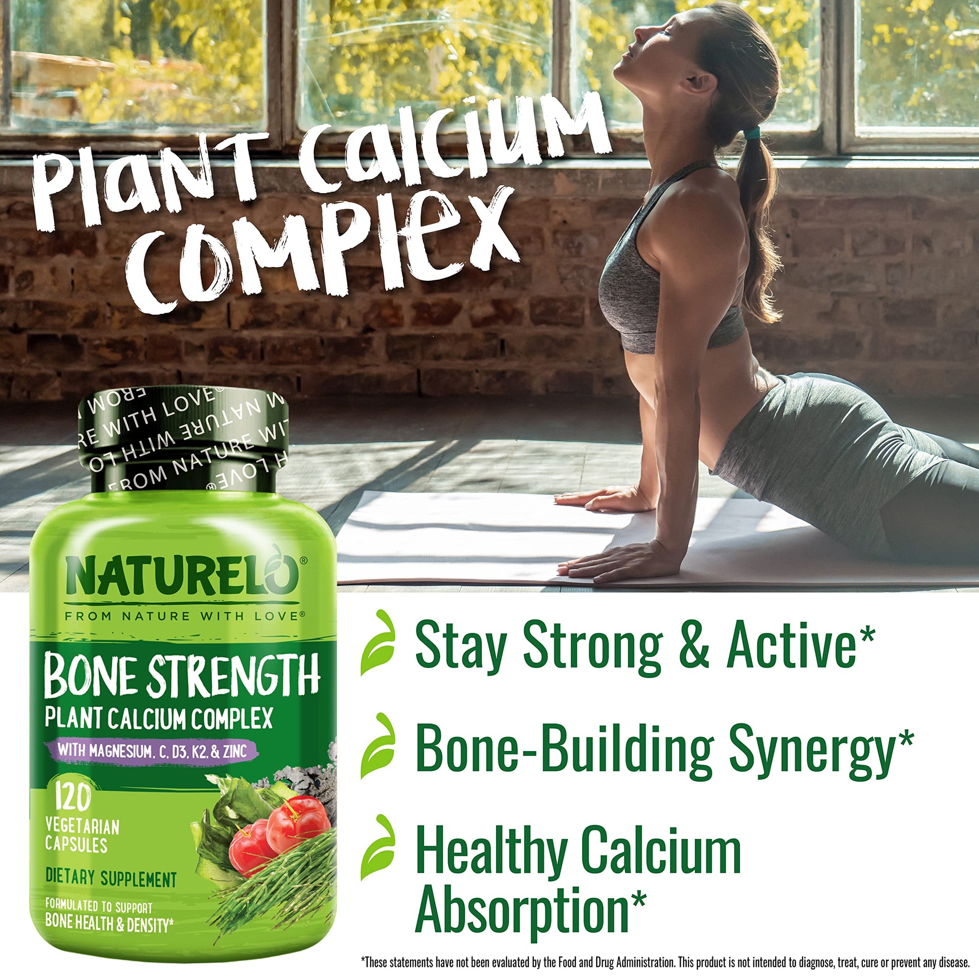 NATURELO Calcium Supplement with Vitamin C, D3, K2, Magnesium & Zinc for Bone Strength, 120 Vegetarian Capsules, with Plant-Based Calcium 600mg, Non-GMO, Soy & Gluten-Free - Available at All In One Marketplace Canada