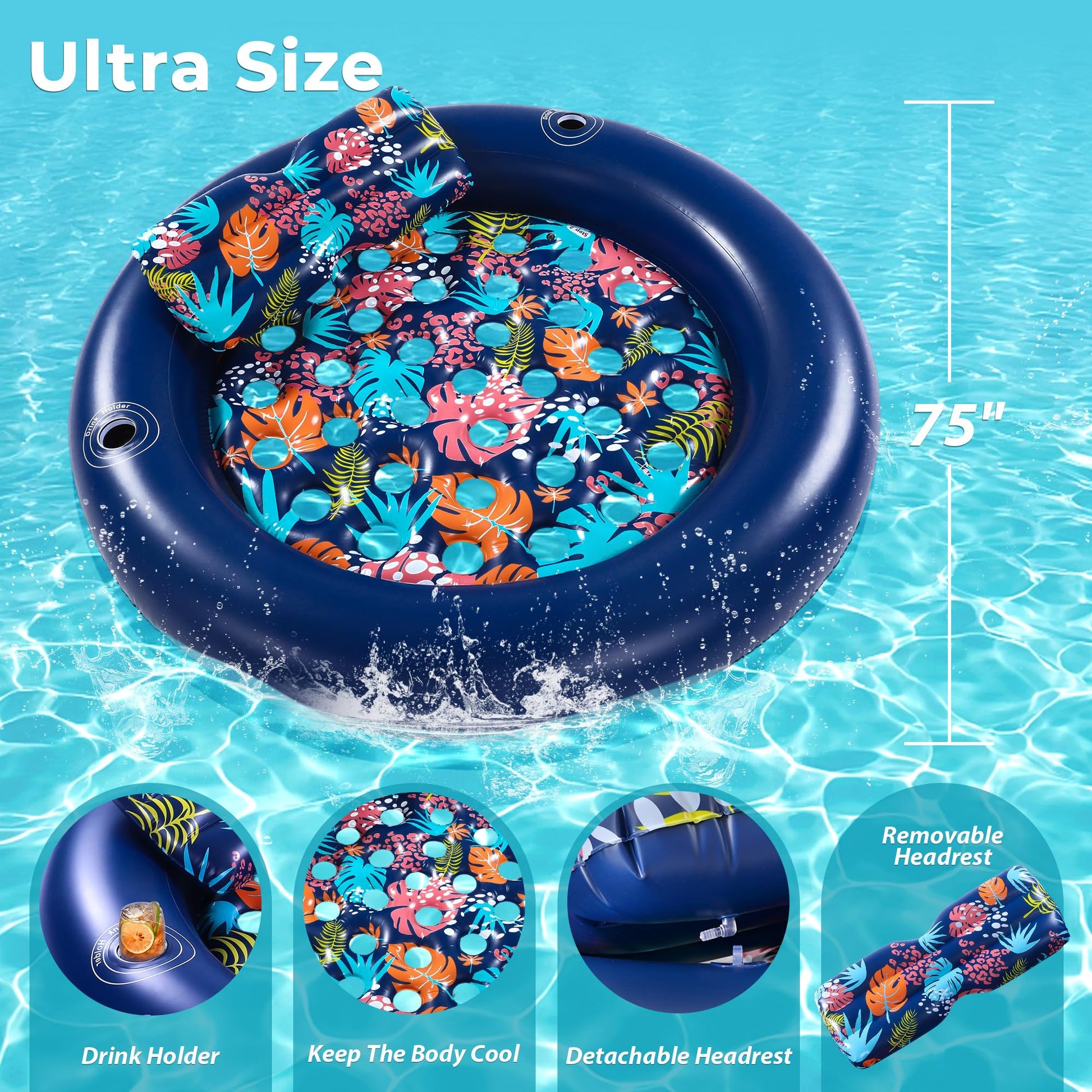 2-Person Pool Floaties for Adults Heavy Duty, Giant 75"X75" Inflatable Pool Matswith Canopy, Cup Holders, Detachable Headrest, Multi-Purpose Water Lounger for Pool Party, Lake, Beach, River, Outdoor