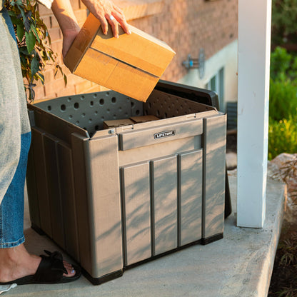 LIFETIME 25 Gallon Outdoor Storage Cube, Deckbox, Brown lid, Storage Box for Gardening Tools, Pool Supplies, Patio Furniture & More LIFETIME