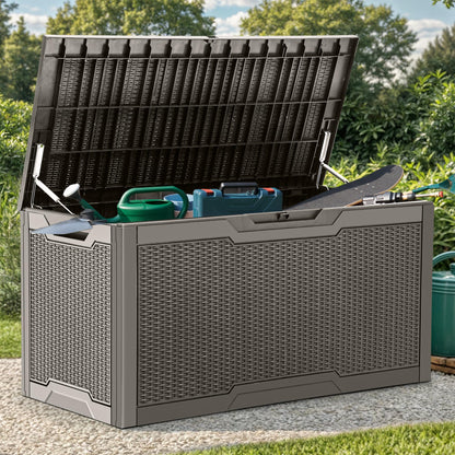 YITAHOME 100 Gallon Large Resin Deck Box Outdoor Storage Boxes for Patio Furniture, Outdoor Cushions, Garden Tools and Pool Supplies-Waterproof,Lockable (Taupe) YITAHOME