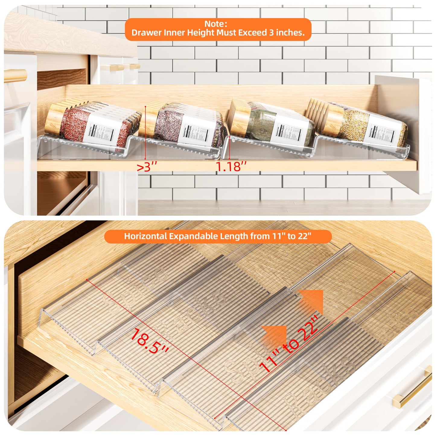 PanPanPal Spice Drawer Organizer, 4 Tier- 4 Pack Clear Acrylic Drawer Seasoning Organizer, Expandable From 11'' to 22'' Kitchen Spice Rack Organizers and Storage for Drawer (Jars not included) - Available at All In One Marketplace Canada