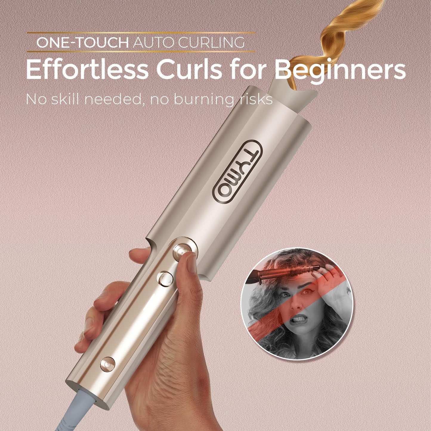 TYMO CurlPro Plus Automatic Curling Iron - Upgraded Rotating Barrel Curling Wand, Hair Curler Automatic for Women, Anti-Scald, Tangle-Free, 600M Ionic, Dual Voltage, Gold,1 inch - Available at All In One Marketplace Canada