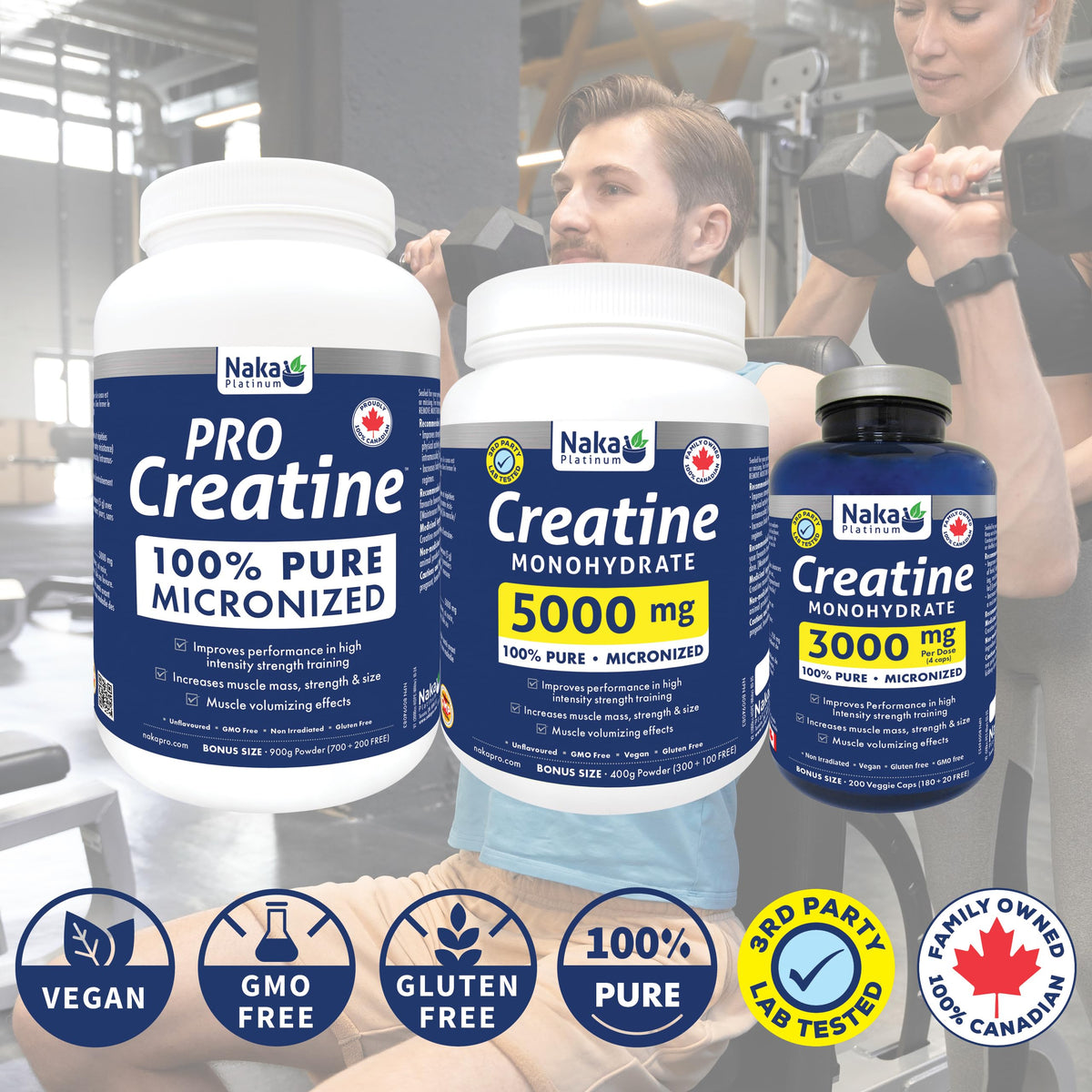 Naka Platinum Creatine Monohydrate Capsules — 100% Pure Micronized — 3g Per Dose — Supplement for Muscle Growth, Increased Strength, Enhanced Energy and Improved Athletic/Sports Performance — Vegan, Gluten-Free, Made in Canada — 50 servings — 200 vcaps
