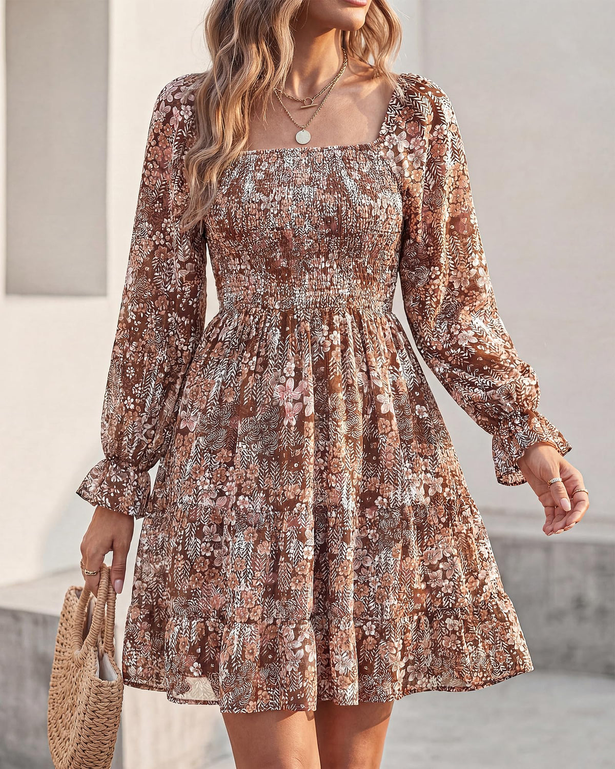 BTFBM Dresses Women Square Neck Long Sleeve Ruffle Hem Floral Short Dress 🍁 All In One Marketplace Canada