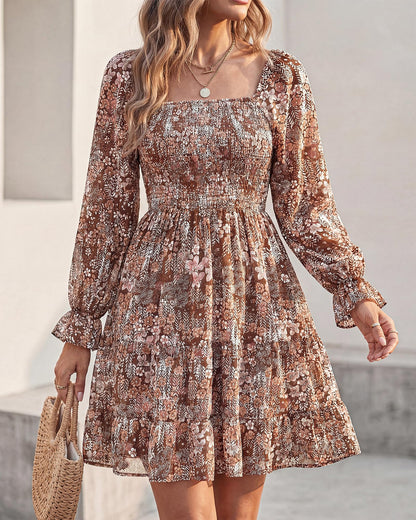 BTFBM Dresses Women Square Neck Long Sleeve Ruffle Hem Floral Short Dress 🍁 All In One Marketplace Canada