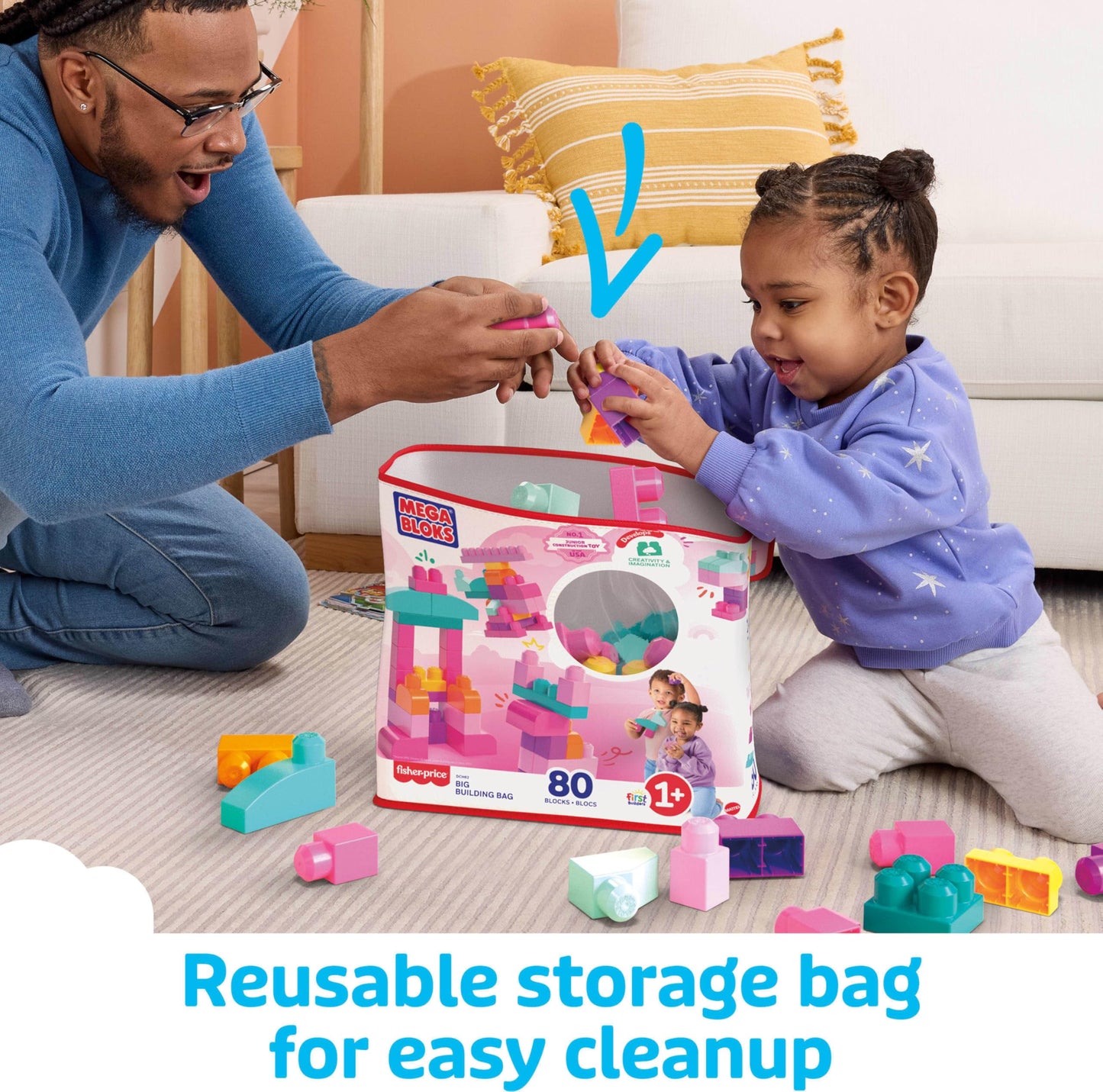 MEGA BLOKS First Builders Toddler Blocks Toys Set, Big Building Bag Collection with 80 Pieces and Storage, Pink, Ages 1+ Years