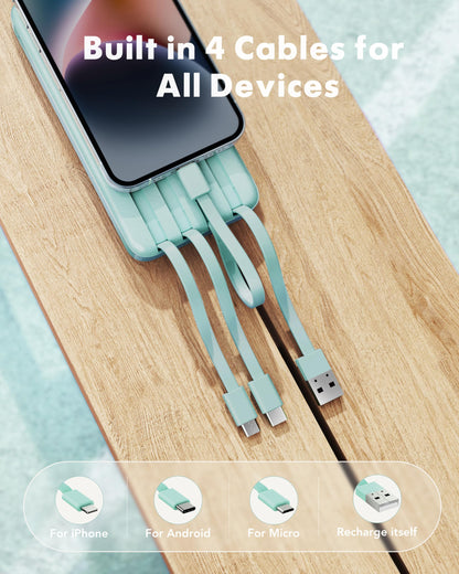 Charmast Portable Charger with Built in Cables, Power Bank with Cords Wires, Slim 10000mAh Travel Battery Pack 6 Outputs 3 Inputs 3A Fast Charging for Samsung Google Pixel LG Moto iPhone iPad - Available at All In One Marketplace Canada