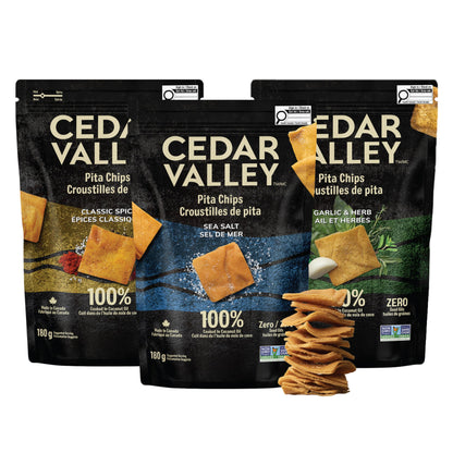 Cedar Valley Pita Chips Variety Pack | 180g (6-Pack) | Coconut Oil Cooked, No Seed Oil | Golden & Crispy | Clean Ingredients, Non-GMO | Canadian-Made Snack