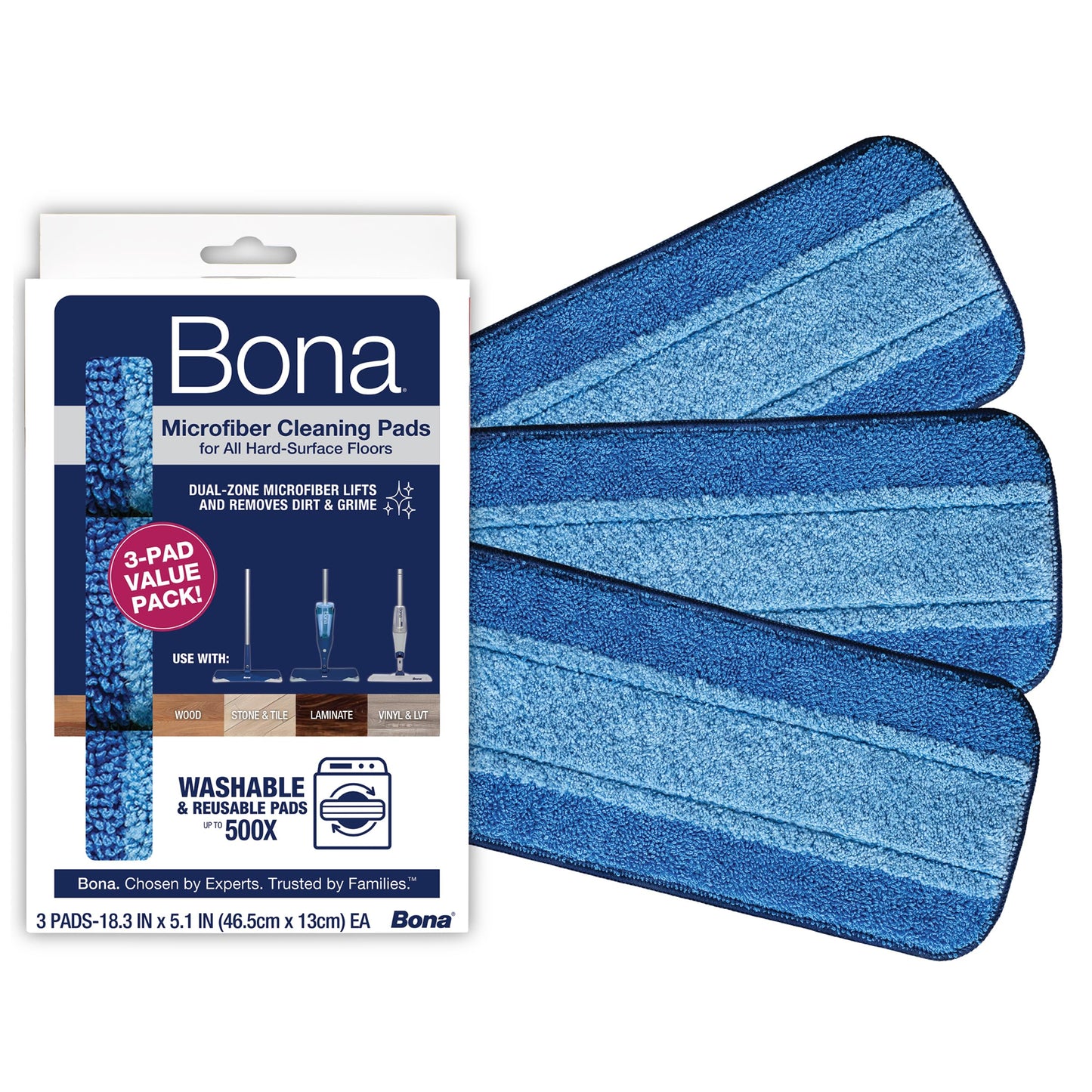 Bona Mop Microfiber Cleaning Pad for Hardwood & Hard Surface Floors - Value 3-Pack - For Use With Bona Mops - Dual Zone Cleaning Bona