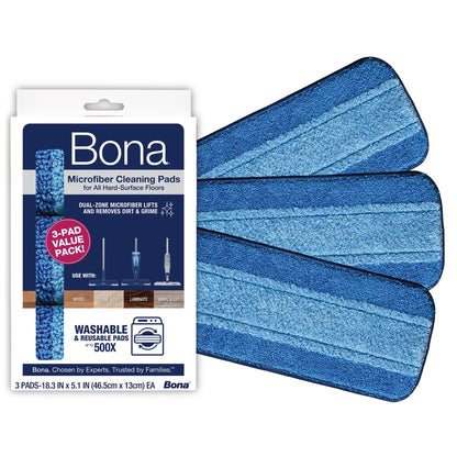 Bona Mop Microfiber Cleaning Pad for Hardwood & Hard Surface Floors - Value 3-Pack - For Use With Bona Mops - Dual Zone Cleaning Bona