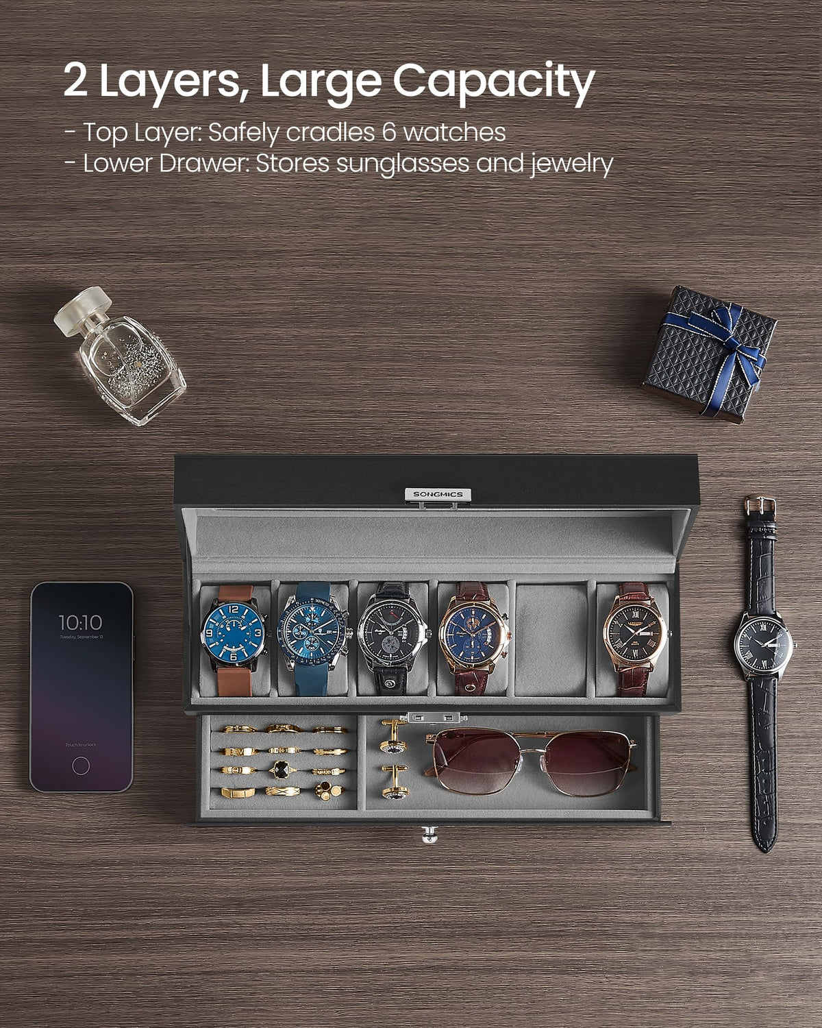 SONGMICS Watch Box, 6-Slot Watch Case Organizer with Large Glass Lid, 2 Layers, Removable Pillows, Metal Lock, Gift for Loved Ones, Black Synthetic Leather, Christmas Gift, Gray Lining UJWB060G01 🍁 All In One Marketplace Canada