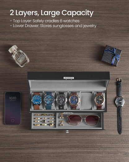 SONGMICS Watch Box, 6-Slot Watch Case Organizer with Large Glass Lid, 2 Layers, Removable Pillows, Metal Lock, Gift for Loved Ones, Black Synthetic Leather, Christmas Gift, Gray Lining UJWB060G01 🍁 All In One Marketplace Canada