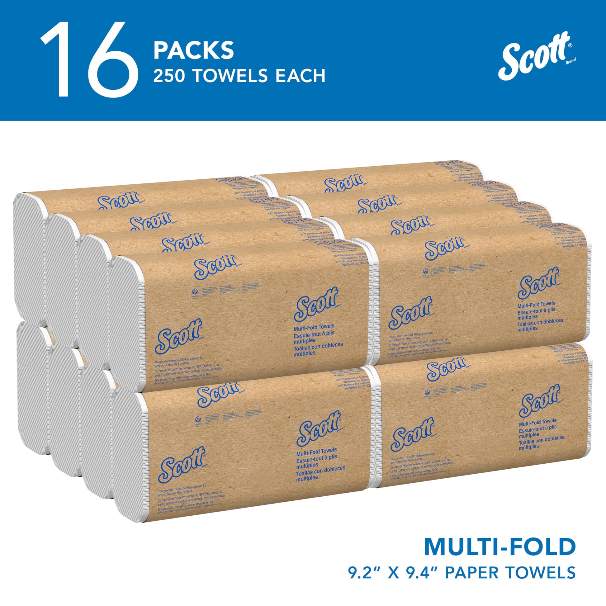 Scott Professional Universal Multifold Paper Towels, Bulk (01840), Absorbency Pockets, White, 9.2"x9.4" Towel, Compressed, Compact (250 Sheets/Pack, 16 Packs/Case, 4,000 Sheet Total) - Available at All In One Marketplace Canada
