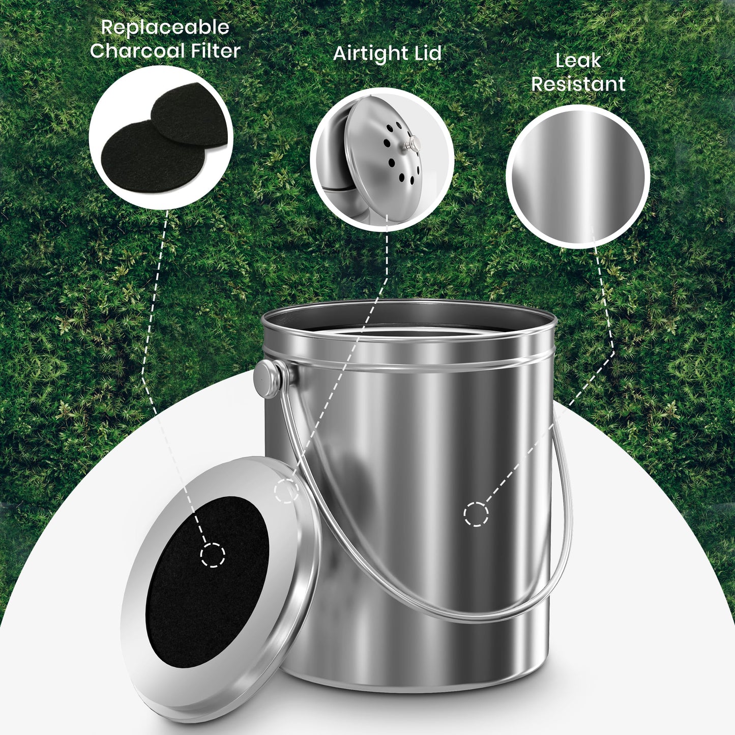 KICHLY Compost Bin, Stainless Steel Bin for Kitchen Countertop, 1.3 Gallon Composting Bucket, Compost Pail with Lid, Includes 1 Spare Charcoal Filter, Silver - Available at All In One Marketplace Canada
