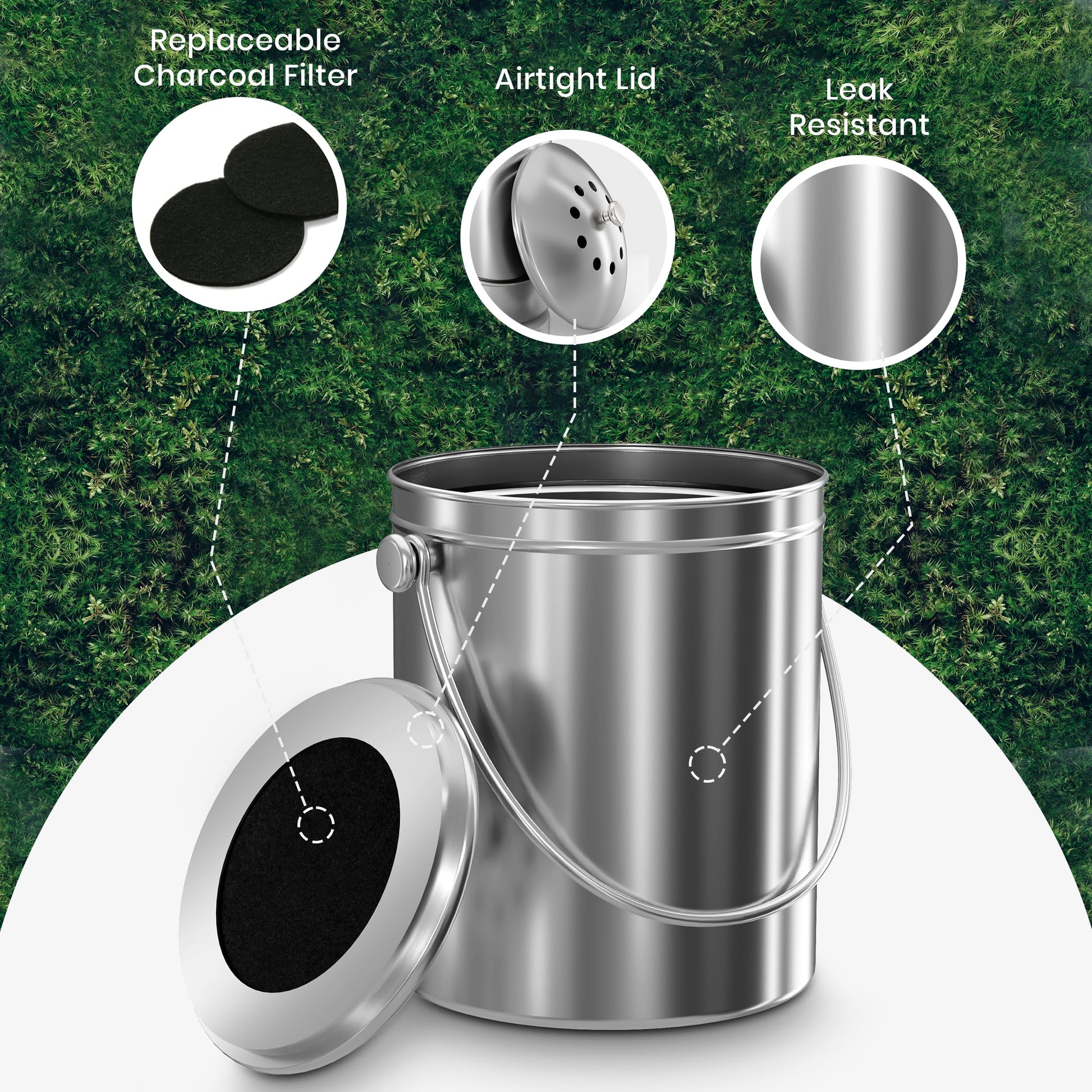 KICHLY Compost Bin, Stainless Steel Bin for Kitchen Countertop, 1.3 Gallon Composting Bucket, Compost Pail with Lid, Includes 1 Spare Charcoal Filter, Silver - Available at All In One Marketplace Canada