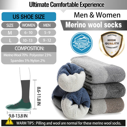 ProEtrade Merino Wool Hiking Socks for Men & Women Thermal Winter Warm Crew Thick Cushion Work Cozy Socks 4 Pairs Gifts Stockling Stuffers for Men (Mixed,M) 🍁 All In One Marketplace Canada