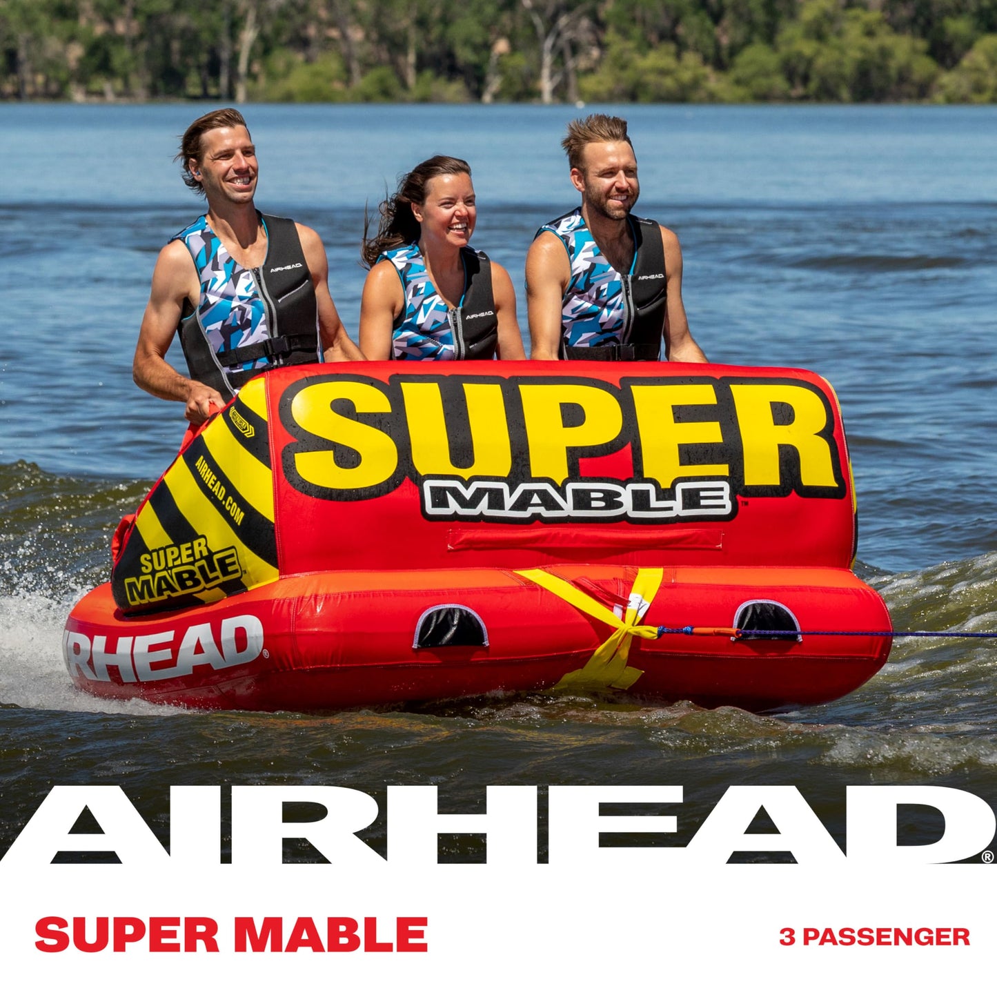 Airhead Super Mable, 1-3 Rider - Inflatable Towable Tube for Boating and Water Sports, Heavy Duty Full Nylon Cover & Zipper with EVA Foam Padding, Easy Inflating & Deflating Airhead
