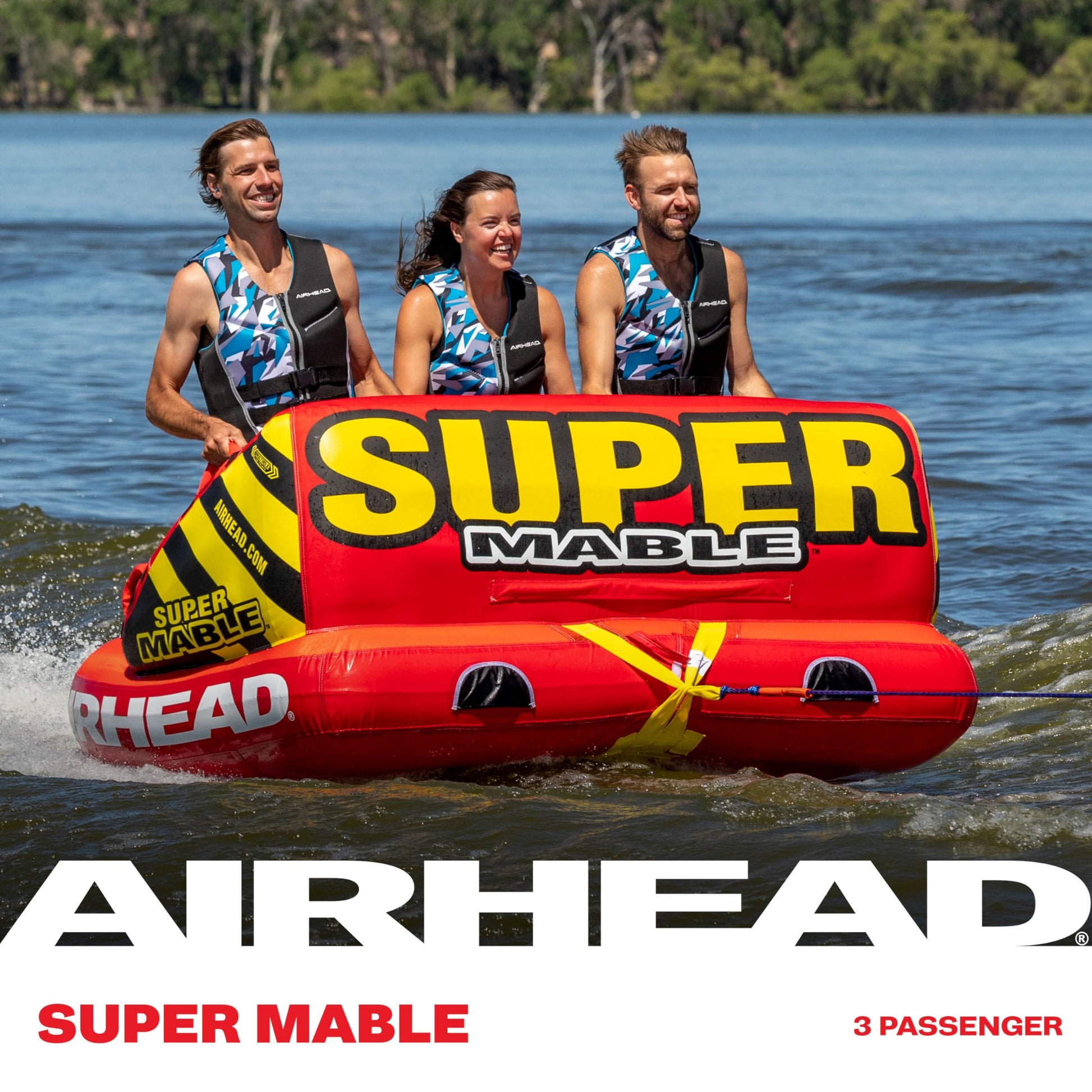 Airhead Super Mable, 1-3 Rider - Inflatable Towable Tube for Boating and Water Sports, Heavy Duty Full Nylon Cover & Zipper with EVA Foam Padding, Easy Inflating & Deflating Airhead