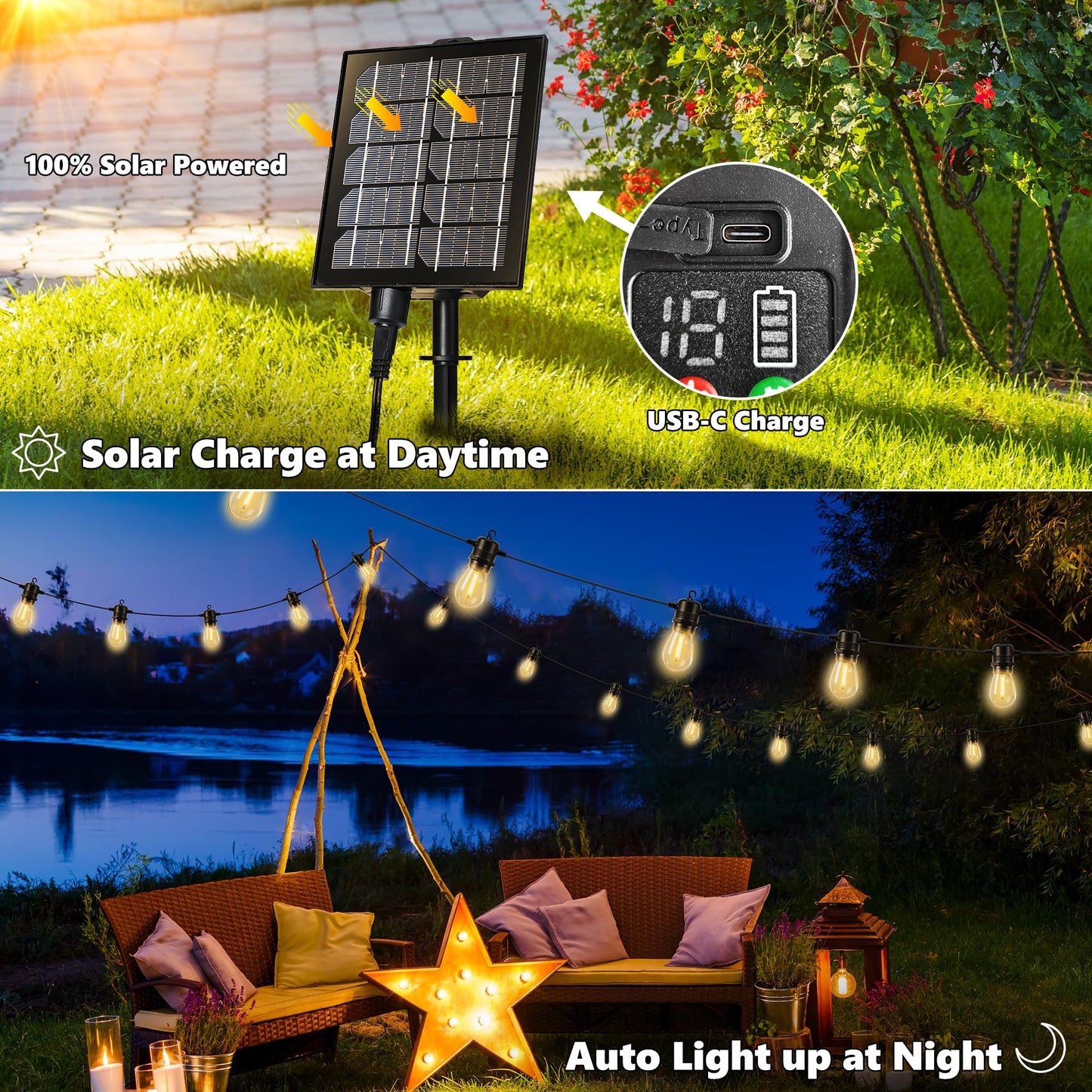 Joomer Solar String Lights Outdoor, 55FT S14, 16+2 Bulbs (2700K,Warm White) - Available at All In One Marketplace Canada