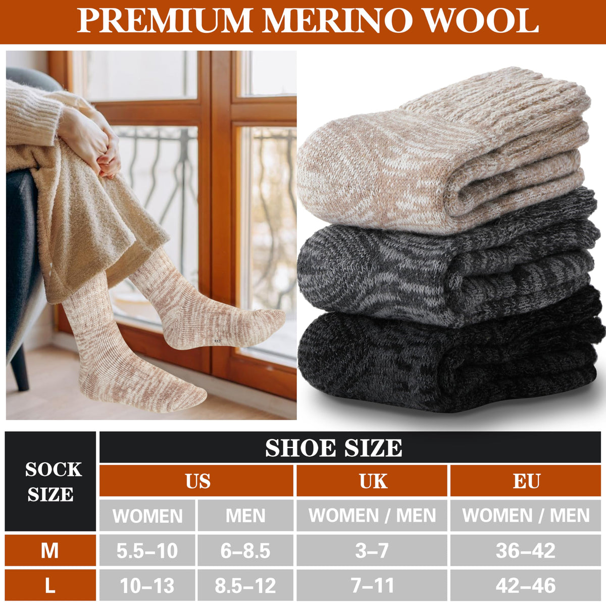 Sandsuced Merino Wool Thermal Boot Socks for Women Men Cozy Warm Hiking Thick Winter Socks 3 Pairs Christmas Stocking Stuffers (Grey/Light Khaki/Black,M) 🍁 All In One Marketplace Canada