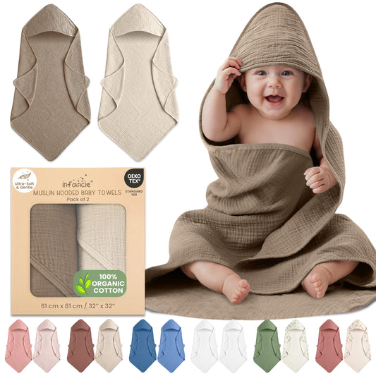 Infancie 100% Organic Cotton Muslin Hooded Baby Towels 2 Pack 81 X 81 CM Shower Towel Soft Breathable Lightweight Quick Dry Gentle On Baby Skin for Newborns and Infants