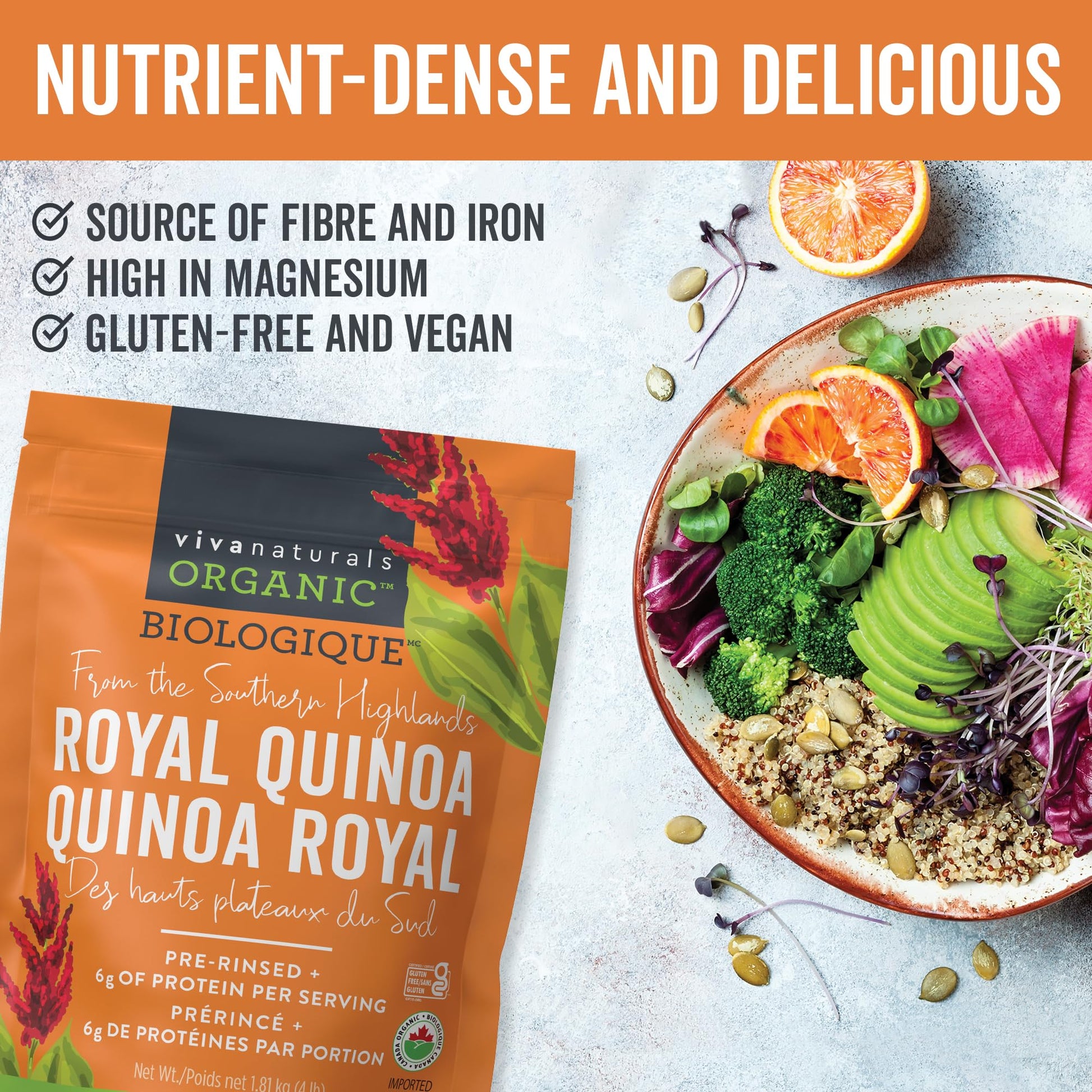 Viva Naturals Organic Quinoa (4 lb) – Quinoa Organic, Non-GMO & Pre-Washed Whole Grain | Gluten-Free Vegan Plant Protein, Source of Fibre & Iron, Puffed Rice & Pasta Substitute Viva Naturals