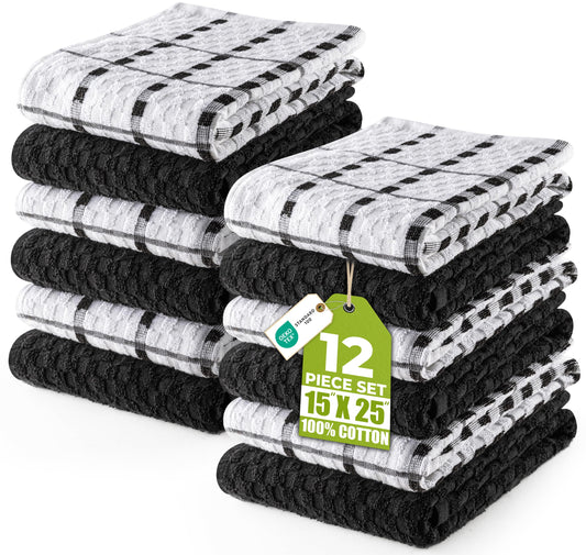 Utopia Towels Kitchen Towels, 12 Pack, 15 by 25 Inches, Dobby Weave, 100% Ring Spun Cotton, Super Soft and Absorbent Dish, Tea, and Bar Towels, Black - Available at All In One Marketplace Canada