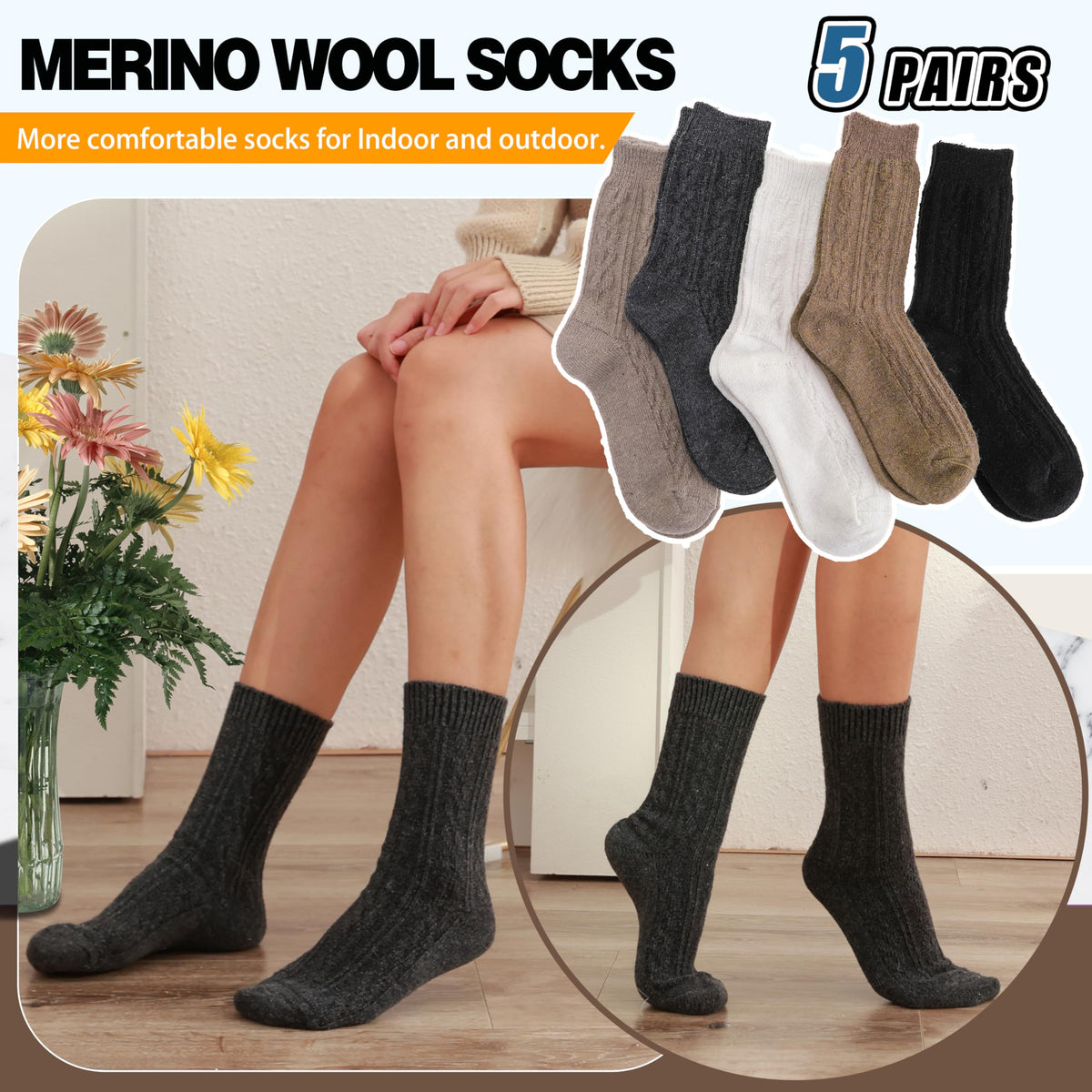 Womens Merino Wool Socks Warm Winter Thermal Hiking Cozy Crew Duty Work Soft Gift Socks for Ladies 5 Pairs Stocking Stuffers for Women Mom(Dark Color Mix) 🍁 All In One Marketplace Canada