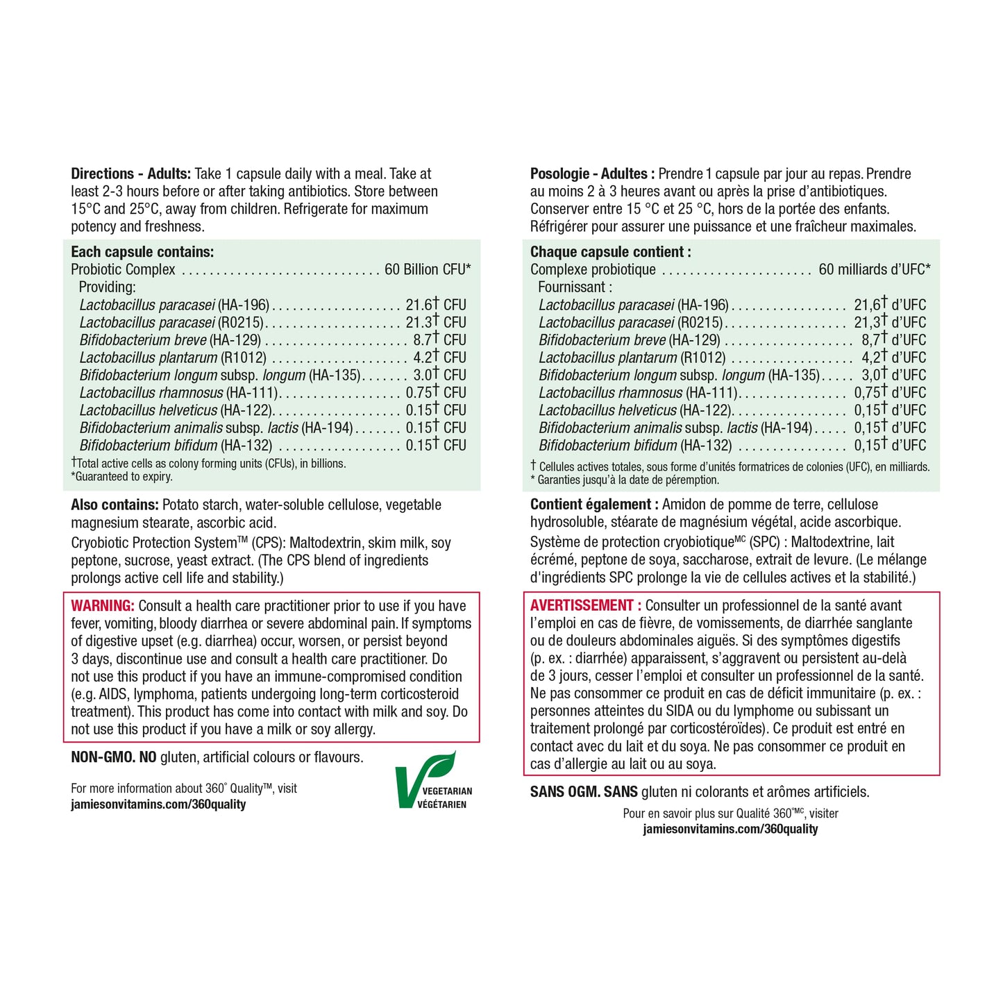 Jamieson Probiotic 60 Billion Active Cells, Ultra Strength, Supports Digestive Health and Intestinal Health. 9 Unique Strains, Including Lactobacillus and Bifidobacterium, Non-GMO, Gluten-Free, 24 Vegetarian capsules - Available at All In One Marketplace Canada