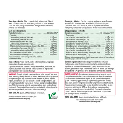 Jamieson Probiotic 60 Billion Active Cells, Ultra Strength, Supports Digestive Health and Intestinal Health. 9 Unique Strains, Including Lactobacillus and Bifidobacterium, Non-GMO, Gluten-Free, 24 Vegetarian capsules - Available at All In One Marketplace Canada