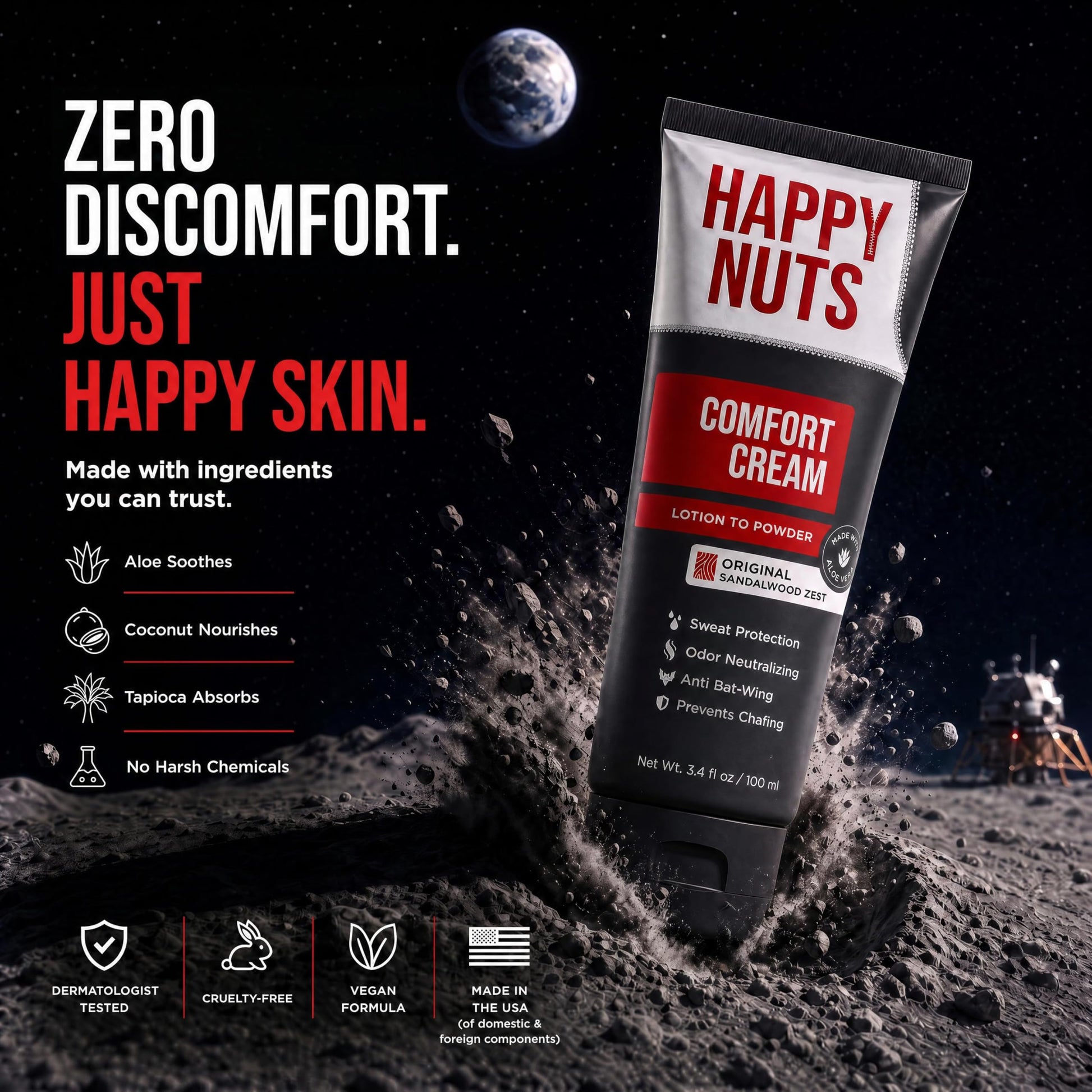 Happy Nuts Comfort Cream Deodorant For Men: Anti-Chafing Sweat Defense, Odor Control, Aluminum-Free Mens Deodorant & Hygiene Products for Men's Private Parts - Available at All In One Marketplace Canada