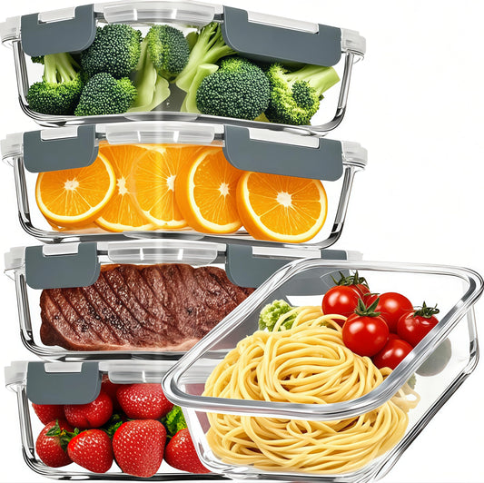 Pure Future 10-Piece Set (5-Pack, 36oz) Borosilicate Glass Food Storage Containers with Upgraded Detachable Locking Lids - Leak Proof Meal Prep Lunch Boxes, Oven/Microwave Safe