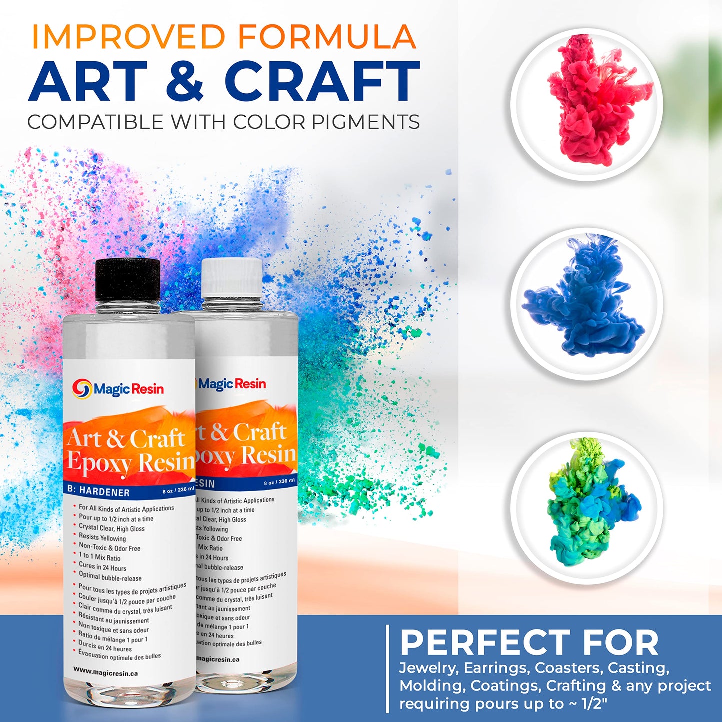 Epoxy Resin Kit for Art & Craft | 16oz (473ml) | UV Resistant | Clear Epoxy Resin | Jewelry, Earrings, Coasters, Casting, Molding, Crafting & more | Includes 2 pairs of gloves, 2 cups, 4 sticks & mica