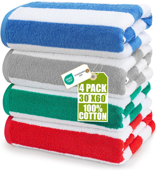 Utopia Towels 4 Pack Cabana Stripe Beach Towels (30x60 inches) - 100% Ring Spun Cotton Large Pool Towels, Soft and Quick Dry Swim Towels (Blue,Grey,Red,Green)