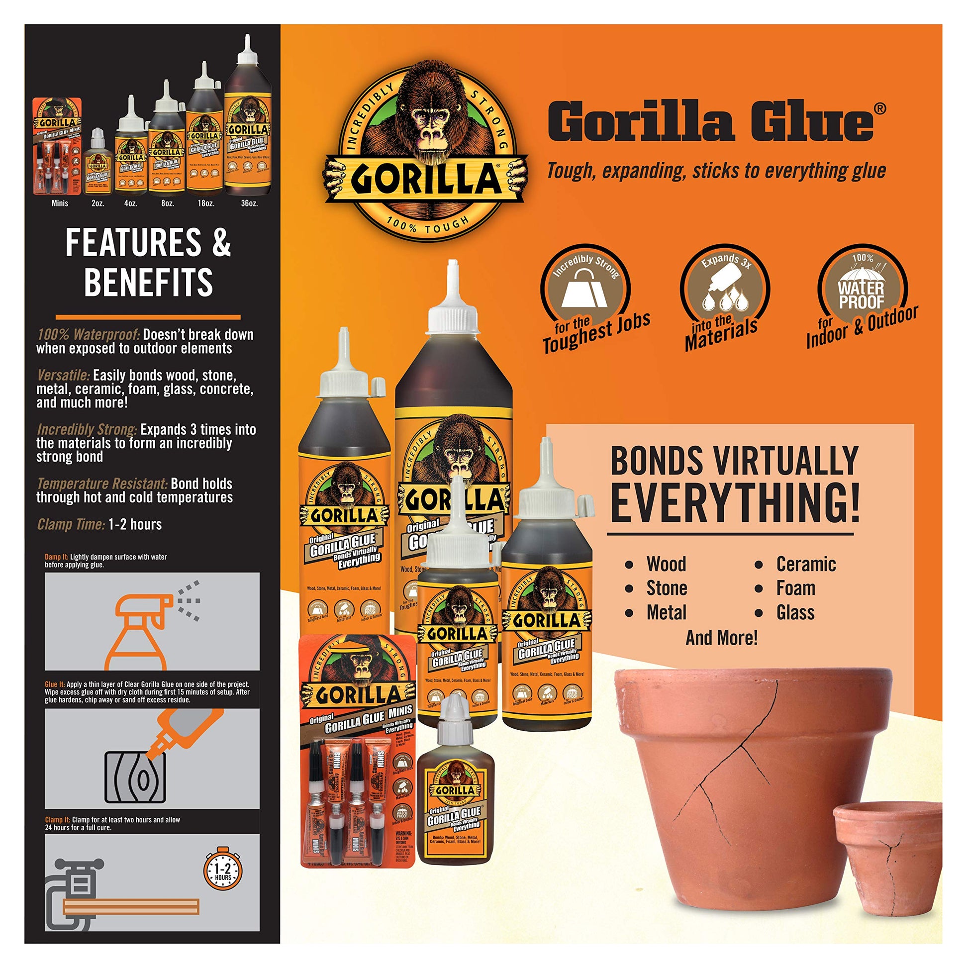 Gorilla Glue Original Minis Four Pack, 100% Waterproof, Indoor & Outdoor, Polyurethane Glue, Versatile Bonding Adhesive, Easy Application Nozzle, 4 - 3g Tubes (Pack of 1)