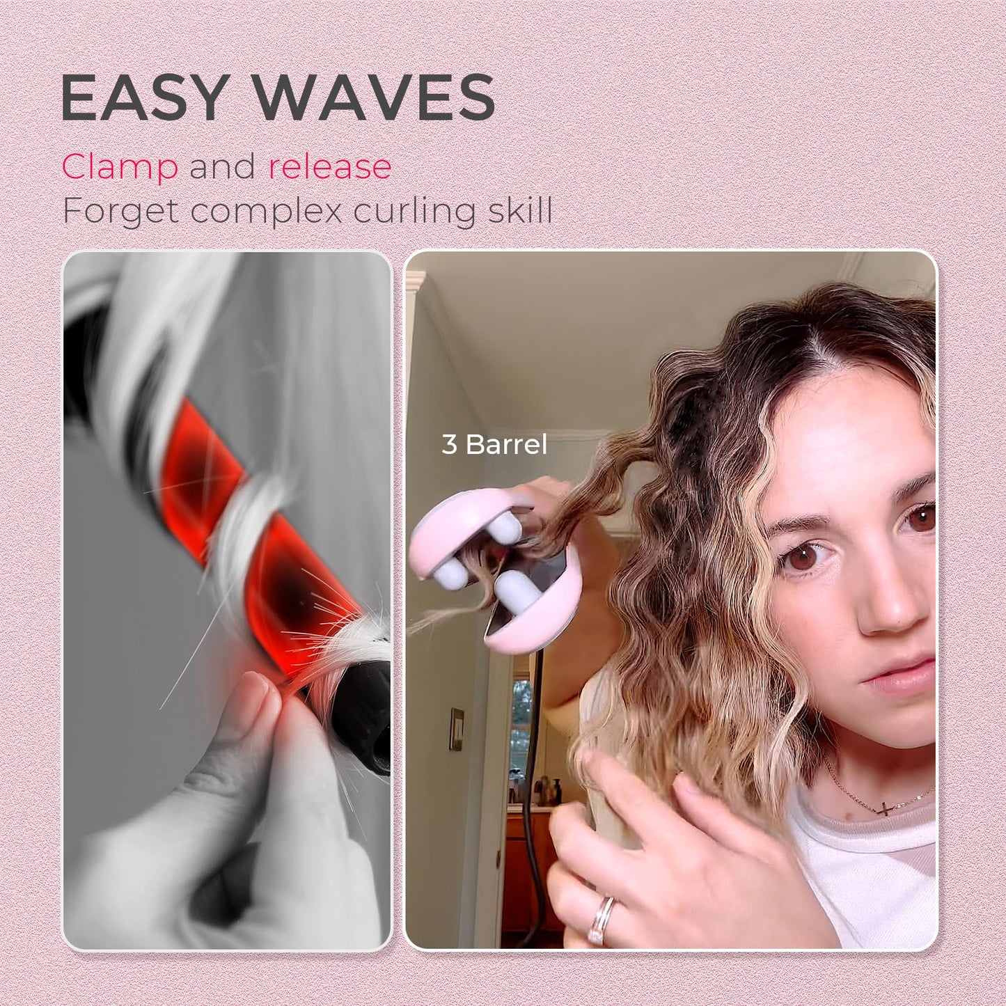 TYMO ROVY Hair Waver Curling Iron, 3-Barrel Ionic Hair Curler with 9 Heat Settings, Beach Waves Crimper for Women, Travel-Friendly, Anti-Scald, Fast Heating, Easy to Use, Pink, 1 inch - Available at All In One Marketplace Canada