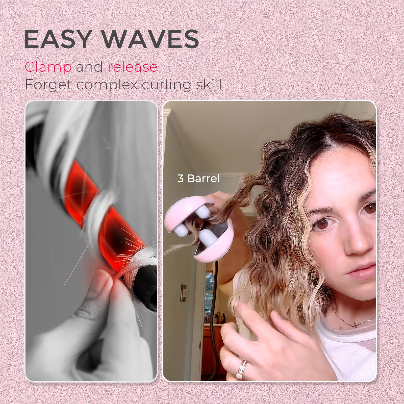 TYMO ROVY Hair Waver Curling Iron, 3-Barrel Ionic Hair Curler with 9 Heat Settings, Beach Waves Crimper for Women, Travel-Friendly, Anti-Scald, Fast Heating, Easy to Use, Pink, 1 inch - Available at All In One Marketplace Canada