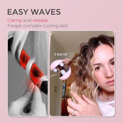 TYMO ROVY Hair Waver Curling Iron, 3-Barrel Ionic Hair Curler with 9 Heat Settings, Beach Waves Crimper for Women, Travel-Friendly, Anti-Scald, Fast Heating, Easy to Use, Pink, 1 inch - Available at All In One Marketplace Canada