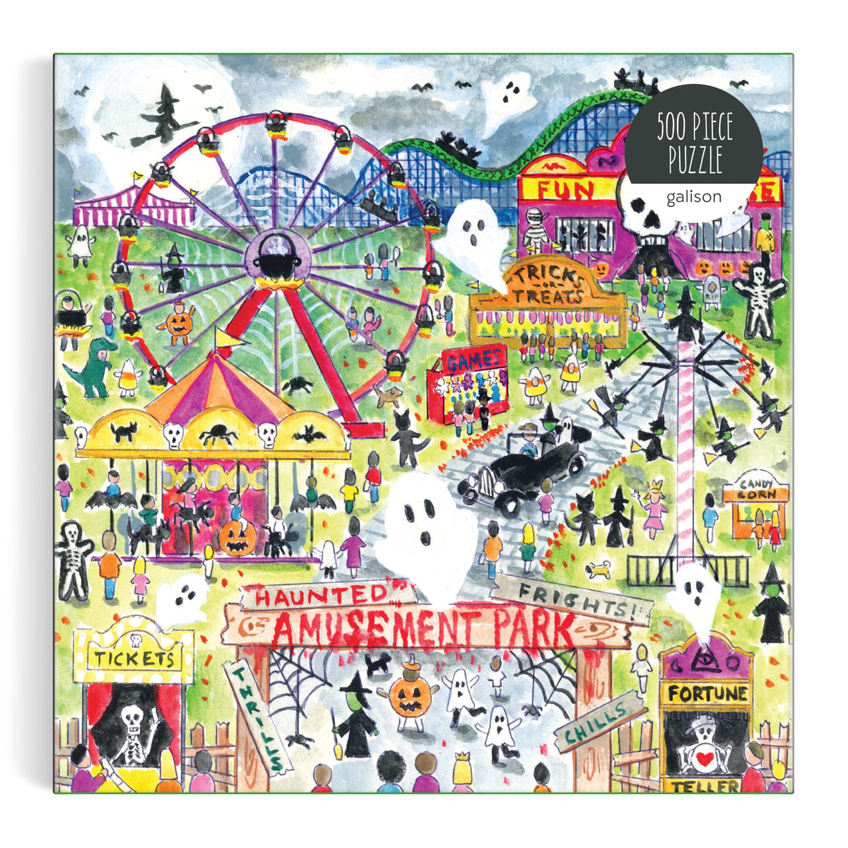 Galison Michael Storrings Haunted Amusement Park Puzzle – 500 Piece Halloween Puzzle with Spooky Carnival Artwork