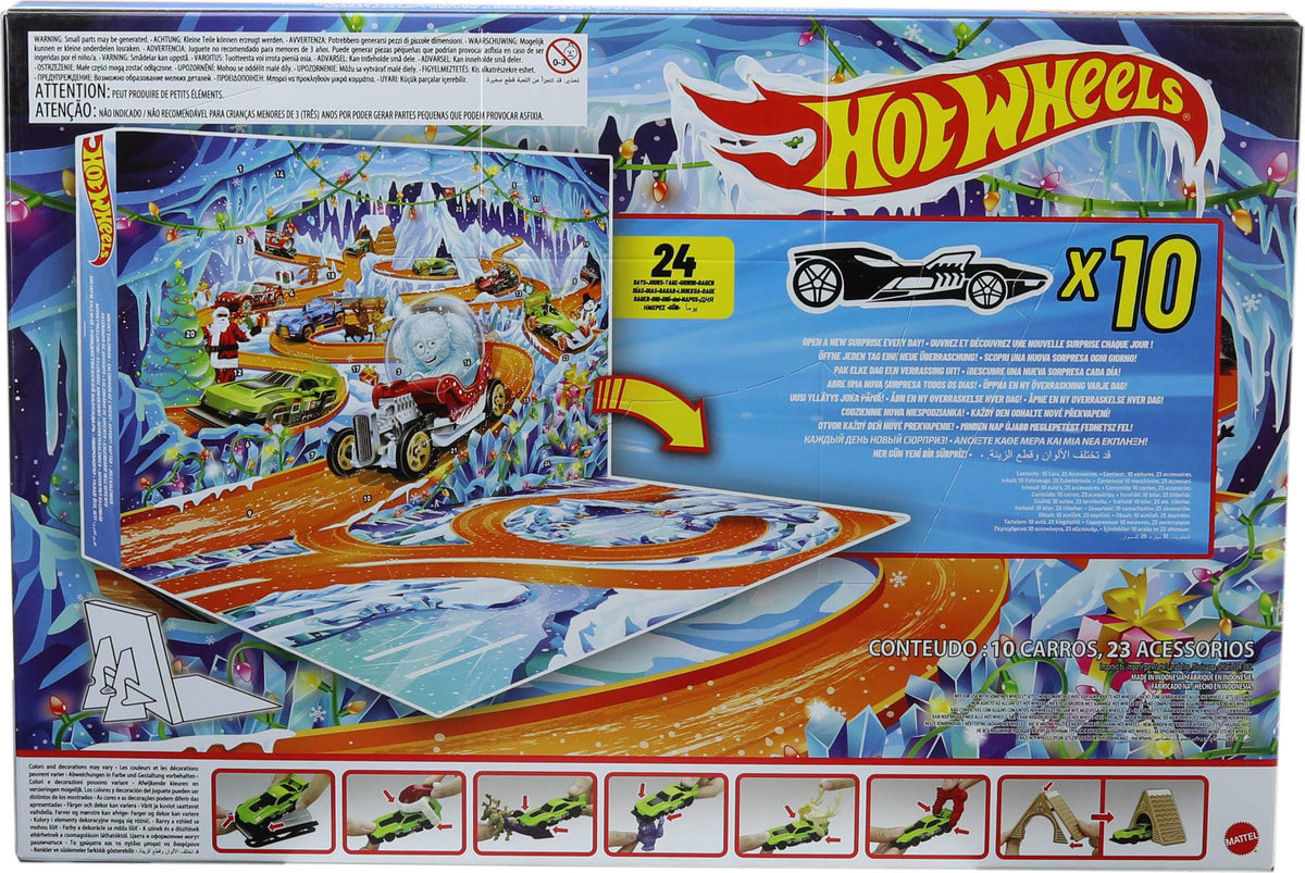 Hot Wheels Toy Cars & Playset, 2026 Advent Calendar with 10 Vehicles in 1:64 Scale, 14 Winter-Themed Accessories & 10 Ornament Clips