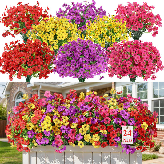 Alupssuc 24 Bundles Artificial Flowers for Outdoors Decoration, UV Resistant Silk Faux Daisy Flora Spring Fake Plastic Plants Greenery for Outside Indoor Yard Home Porch Window Box Decor, Mix 4 Colors - Available at All In One Marketplace Canada