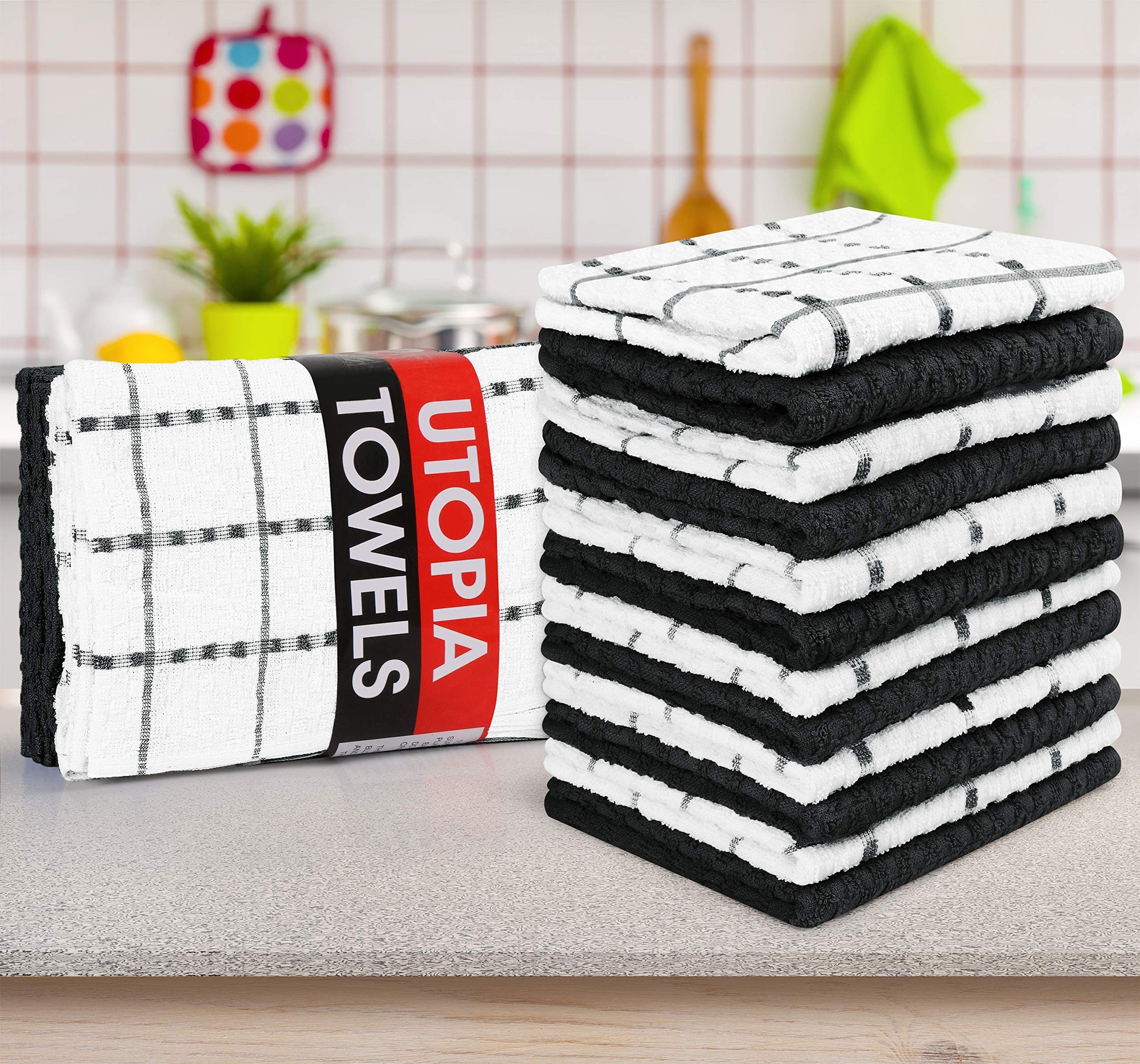 Utopia Towels Kitchen Towels, 12 Pack, 15 by 25 Inches, Dobby Weave, 100% Ring Spun Cotton, Super Soft and Absorbent Dish, Tea, and Bar Towels, Black - Available at All In One Marketplace Canada