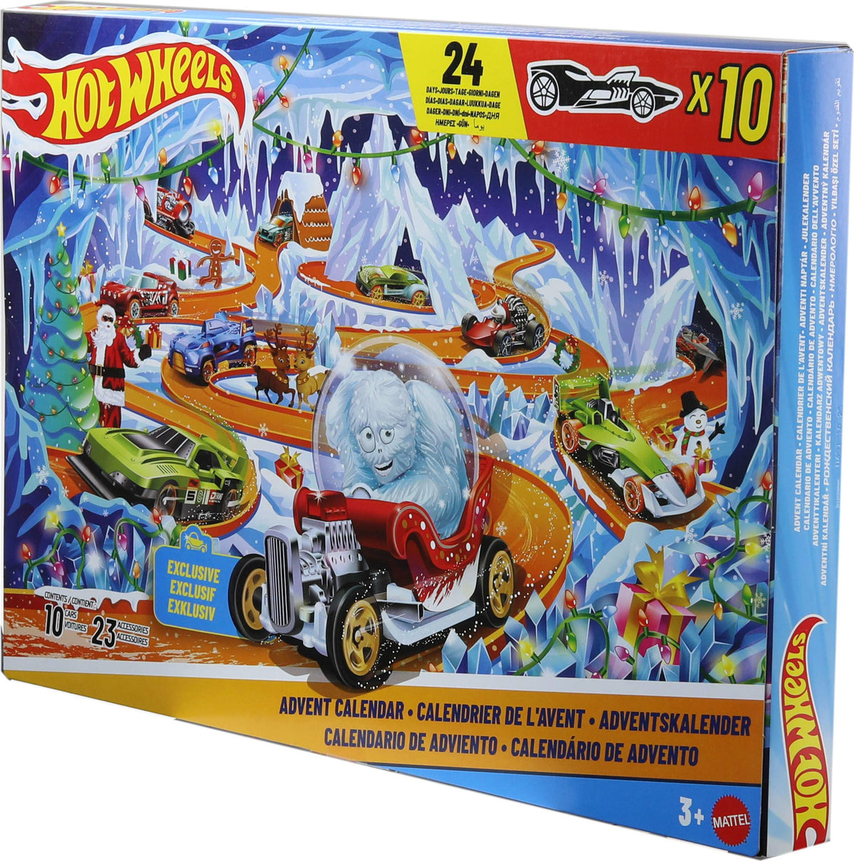 Hot Wheels Toy Cars & Playset, 2026 Advent Calendar with 10 Vehicles in 1:64 Scale, 14 Winter-Themed Accessories & 10 Ornament Clips