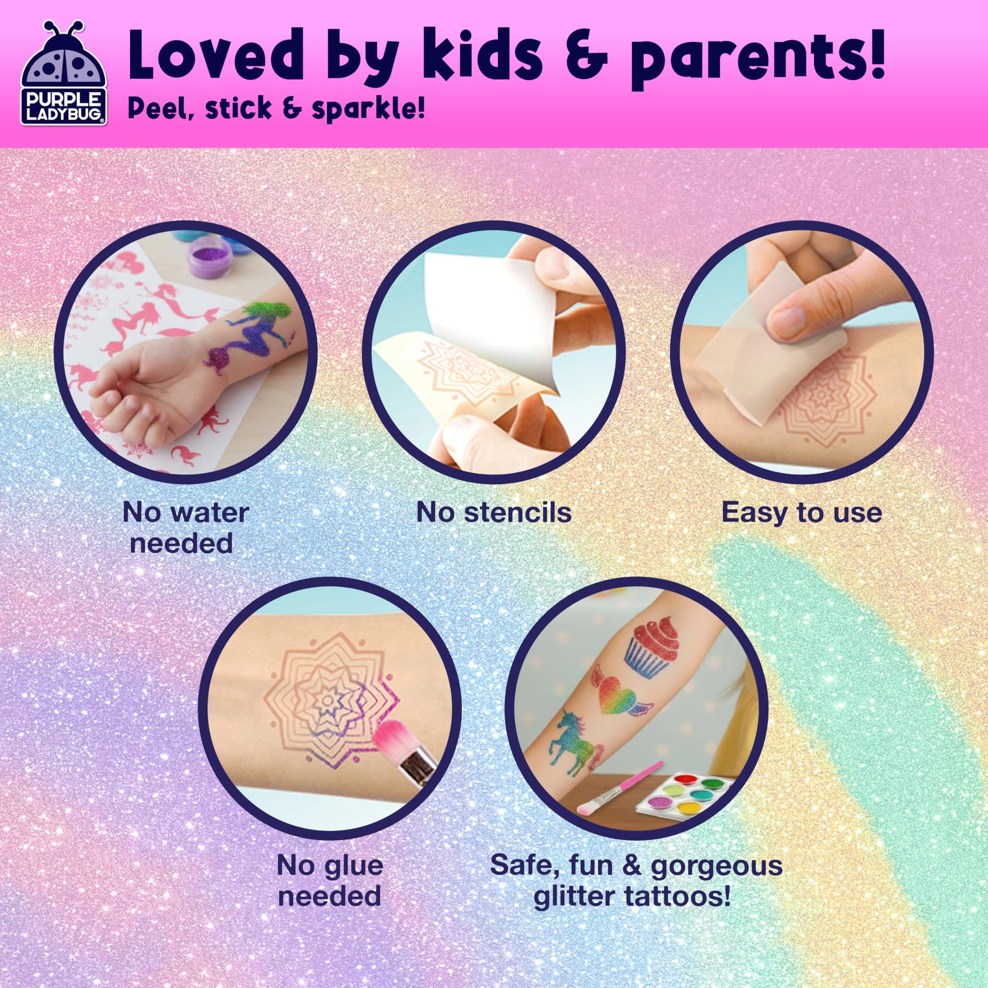 PURPLE LADYBUG 175 Glitter Tattoo Kit - Cute Temporary Tattoos for Kids 6-8 - Creative Girls Gifts 8-12 Years Old - Tween Girls Gift Ideas for Kids Age 6 7 8 9 10 11