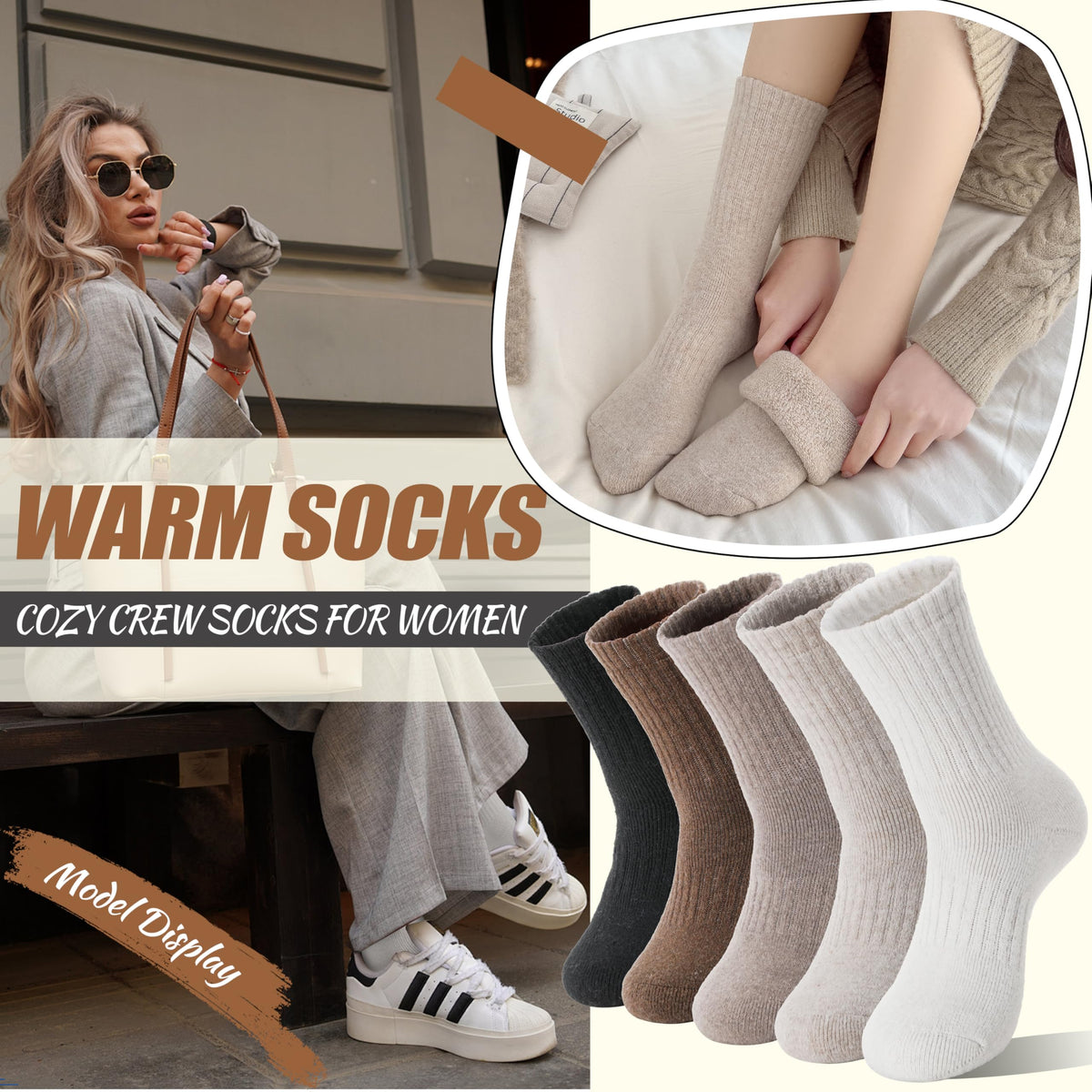 Women Merino Wool Socks Winter Warm Thermal Thick Hiking Cozy Comfy Crew Socks Stocking Stuffers Gifts for Womens 5 Pairs(Black/Khaki/Beige/White) 🍁 All In One Marketplace Canada