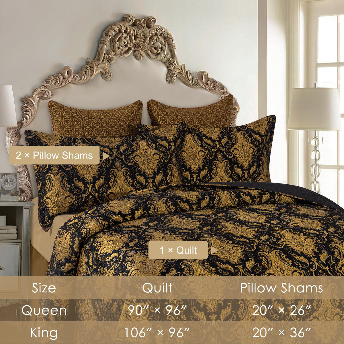 Parure de lit matelassée de luxe Loom and Mill, 3 pièces, couvre-lit damassé classique avec 2 taies d'oreiller, taille Queen, ensemble de dessus-de-lit en jacquard doux et léger pour Halloween, Noël et toute l'année (Noir, Queen)