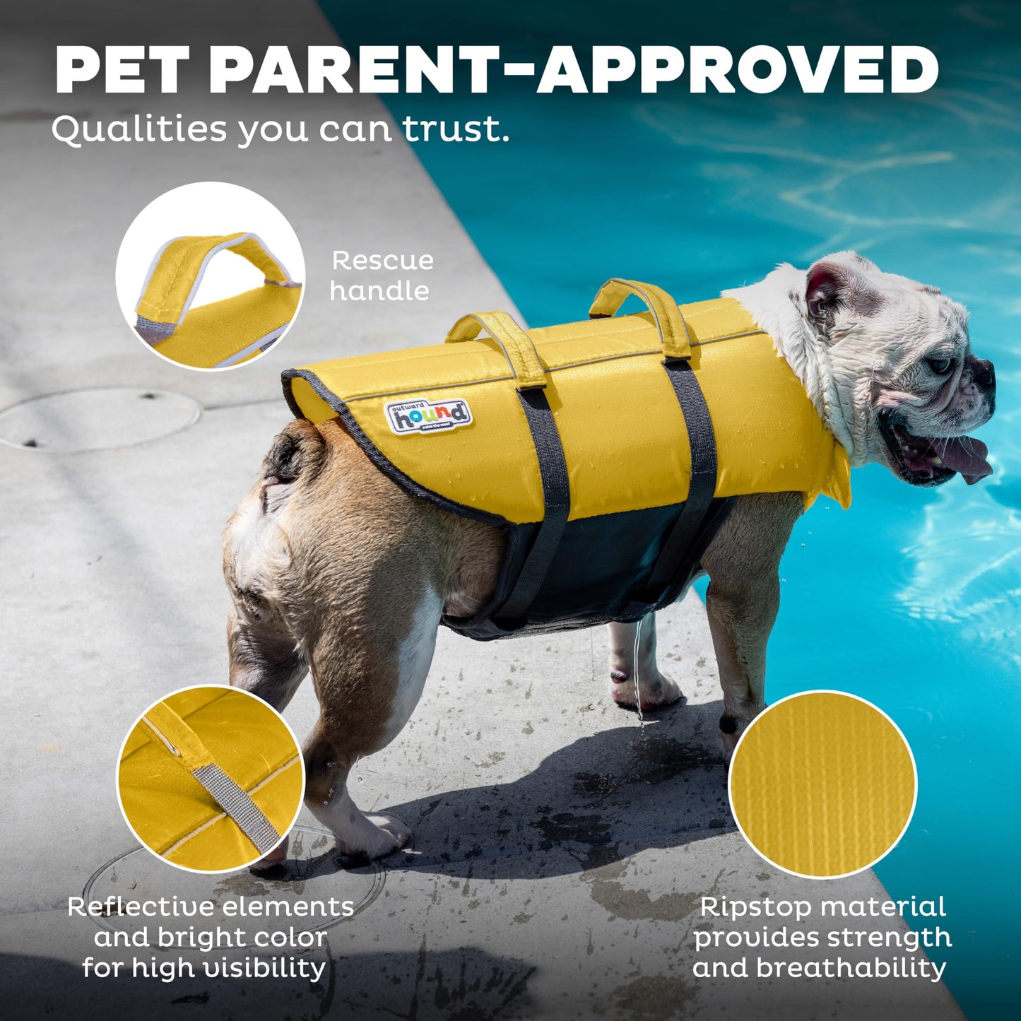 Outward Hound Granby Splash Dog Life Jacket with Handle, Reflective Floating Vest for Swimming & Boating, Maximum Buoyancy, All Skill Levels, Small Dogs & Puppies (16–20" Girth), Yellow, Small